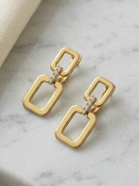 14K Gold Plated Geometric Dangle Drop Earrings with Pavé CZ Link Accents